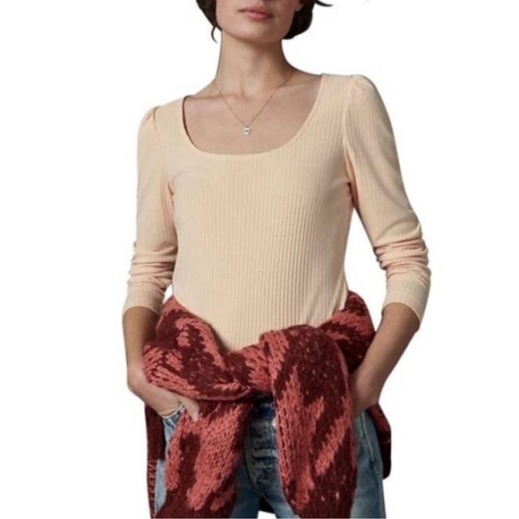 Anthropologie Pale Peach long puffed sleeve ribbed tee - Picture 1 of 8